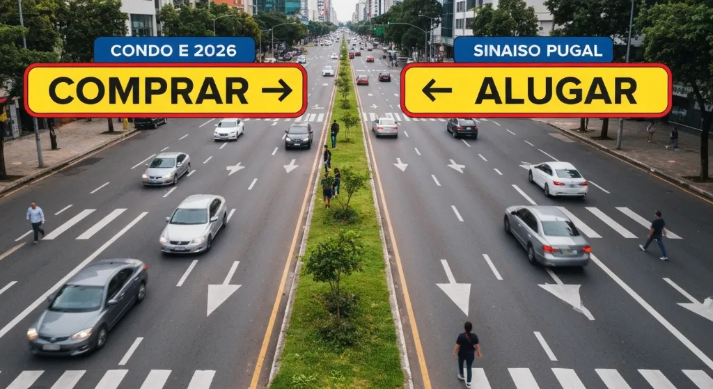 Bifurcação de estrada representando a decisão entre comprar ou alugar um imóvel em 2026.