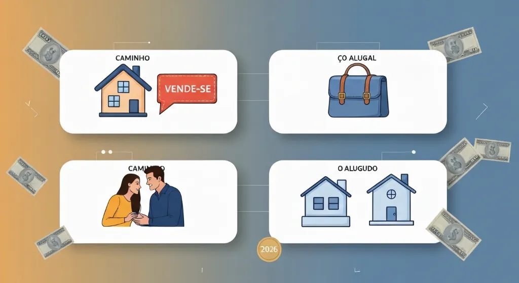 Casal planejando entre comprar ou alugar um imóvel em 2026 com foco em finanças pessoais.