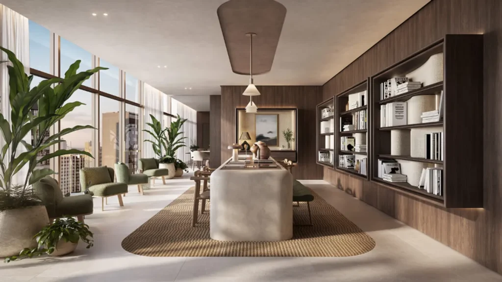 Fachada moderna do residencial Andersen da GT Building em Curitiba, destacando seu design de hotel boutique em um cenário urbano vibrante.