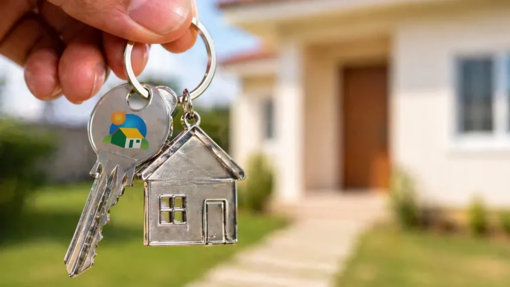 Família feliz em frente a uma casa nova financiada pelo Minha Casa Minha Vida.