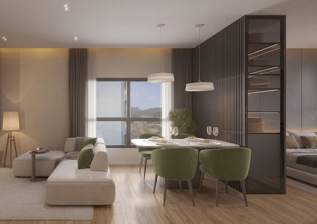 Fachada do Ankara Towers, um empreendimento imobiliário moderno em Camboriú, com studios e apartamentos compactos.
