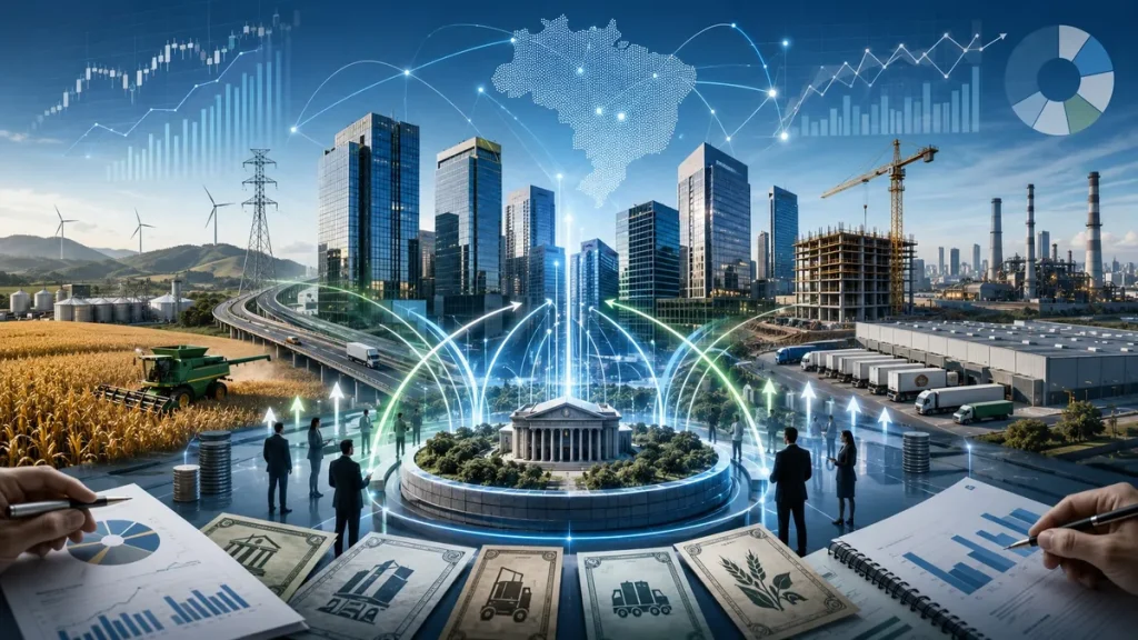 Edifício moderno da bolsa de valores com gráficos digitais de crescimento do mercado financeiro brasileiro.