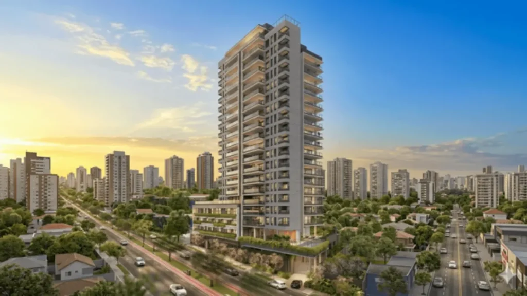 Edifícios corporativos modernos da HBR Realty e Helbor em São Paulo ao amanhecer.