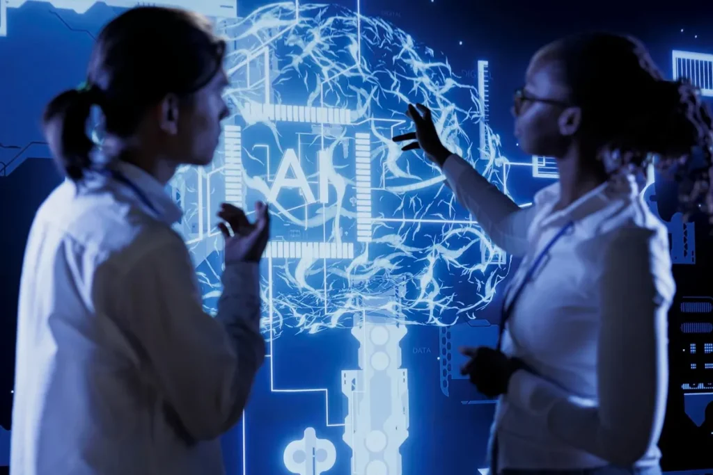 Profissionais de uma incorporadora colaborando em um escritório moderno com tecnologia de IA em 2026.