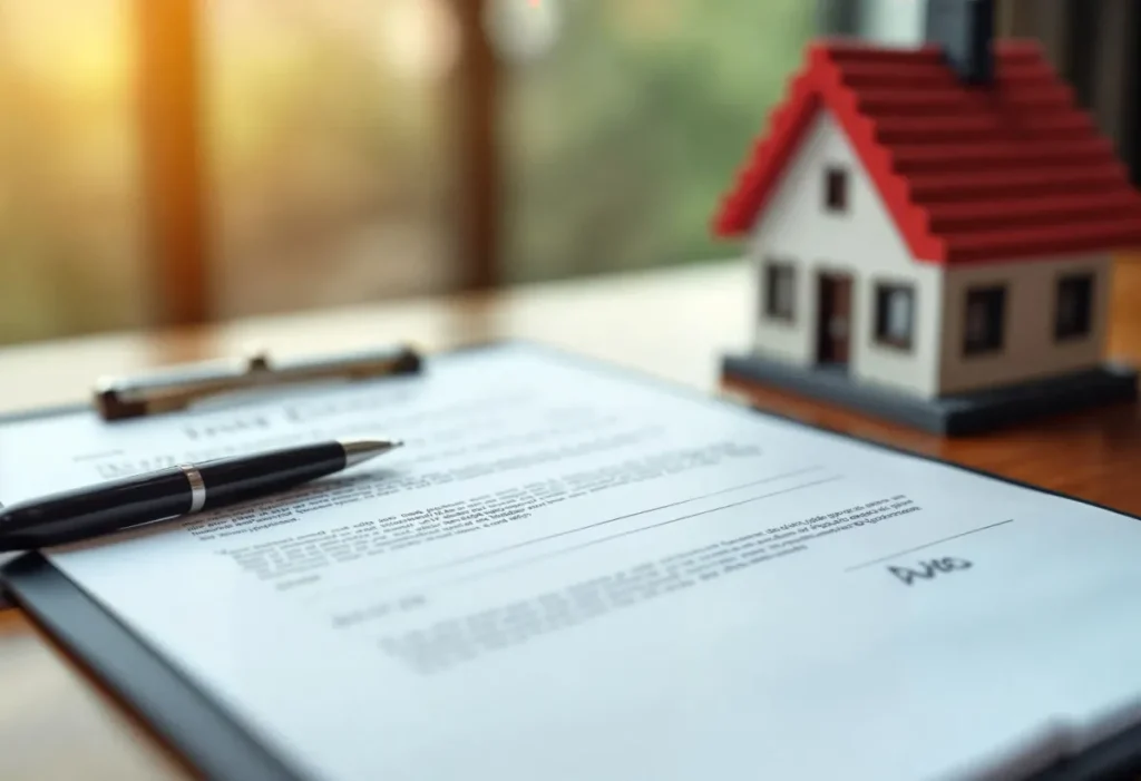 Profissional revisando documentos e contrato em escritório
