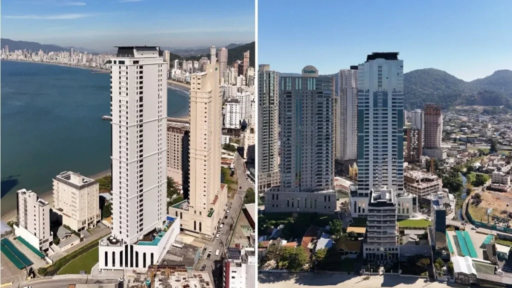 Residencial de luxo em Itapema com vista para o mar, destacando a arquitetura moderna e a valorização imobiliária.