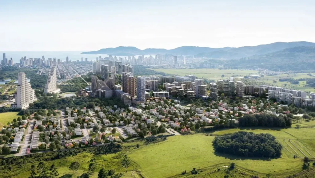 Vista aérea do Vivapark Porto Belo mostrando a integração de arquitetura moderna e áreas verdes